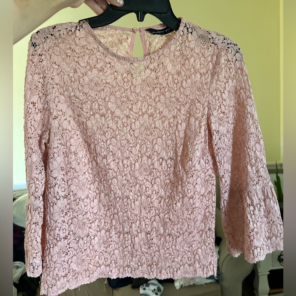 Zara Bell Sleeve Lace Top Blush Pink XS